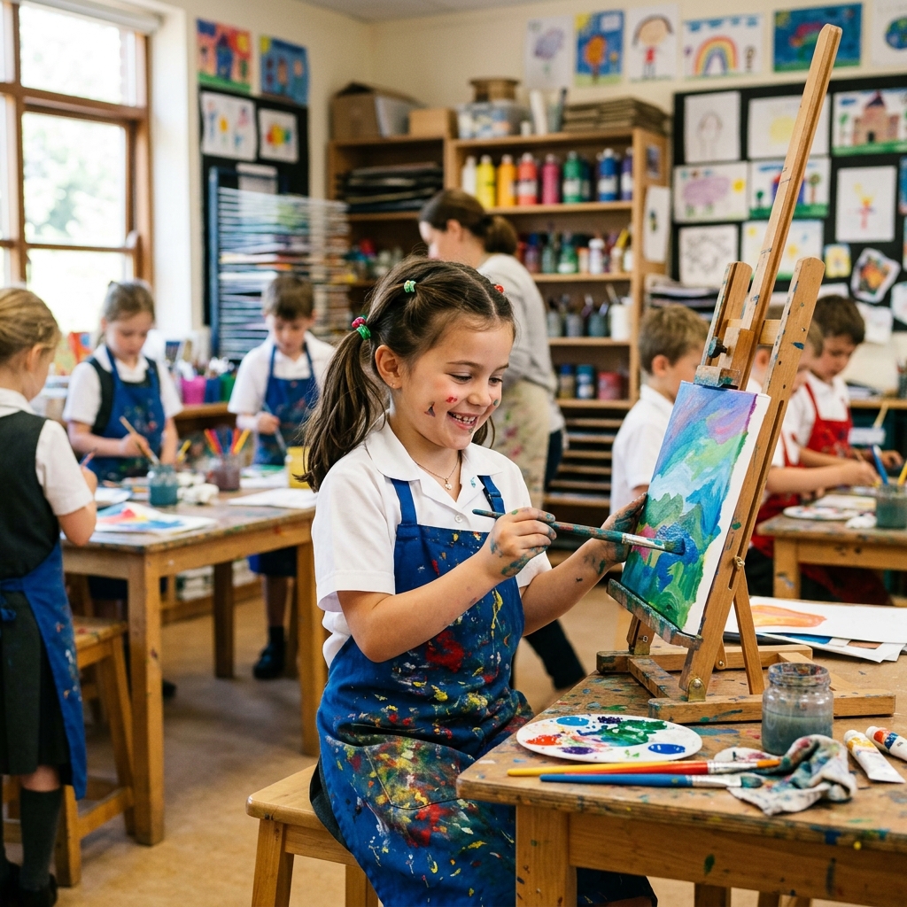 Student painting in art class