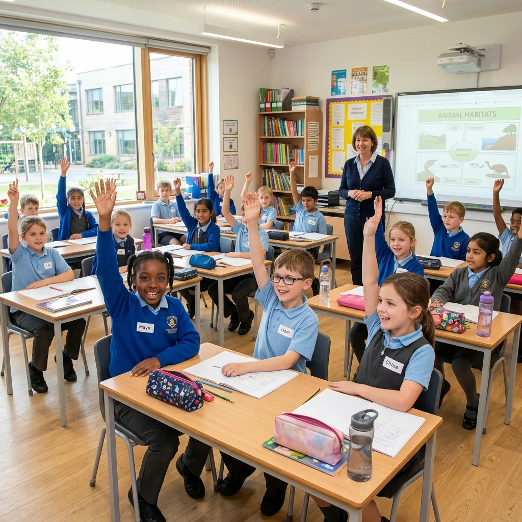 Students raising hands in class