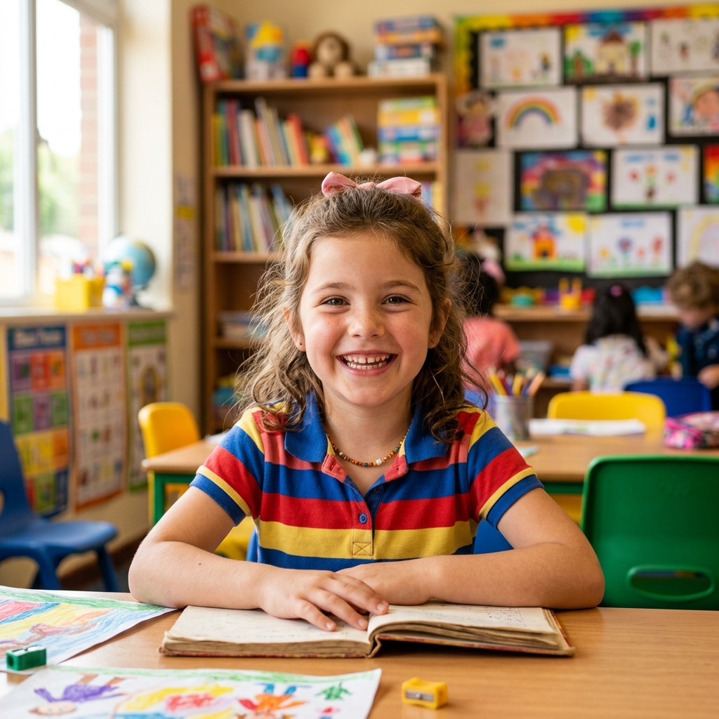 Elementary school student smiling at desk