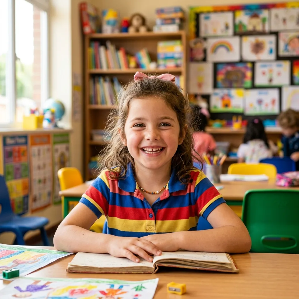 Elementary school student smiling at desk