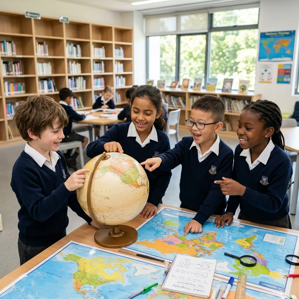 School children doing map science project in classroom