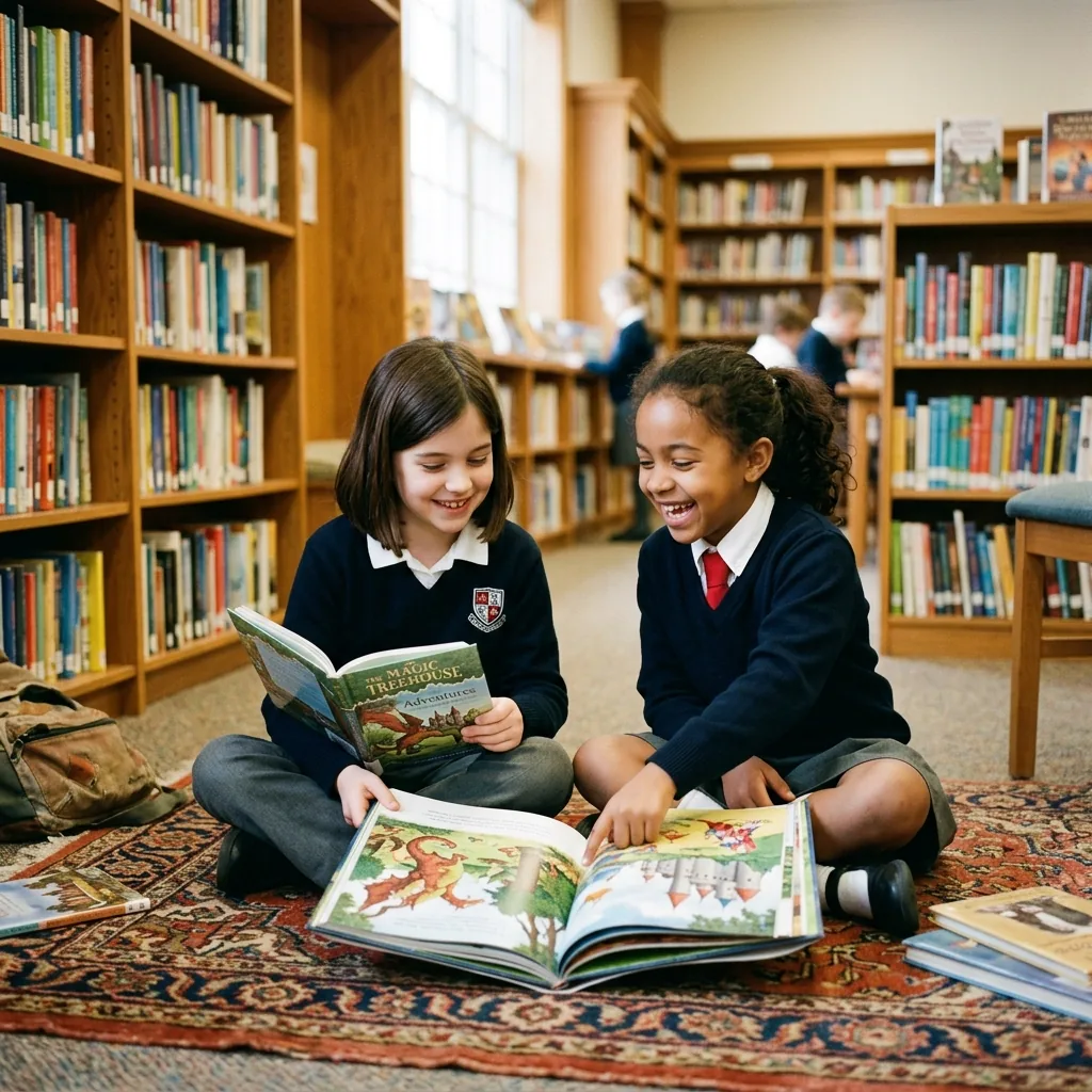 Students reading book in school library