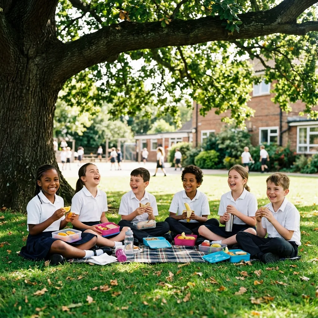 Students having picnic lunch on school lawn